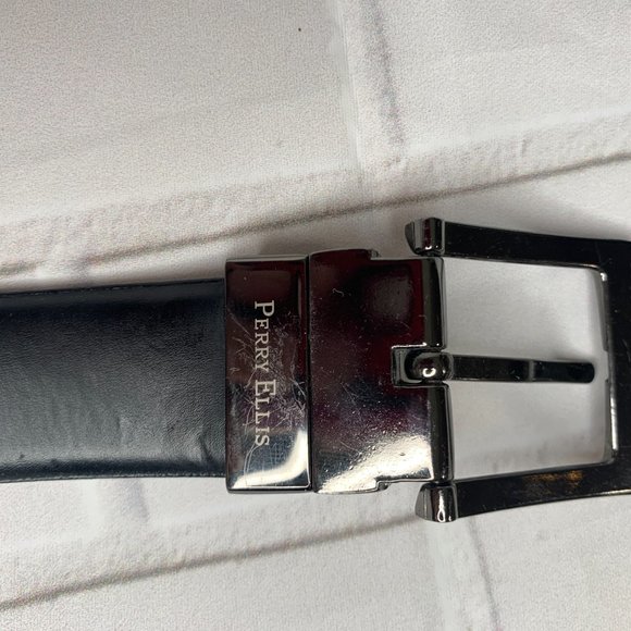 Mens Leather Reversible Belt Designer Perry Ellis Black/Brown Metal B… Sz 36 - Picture 2 of 5
